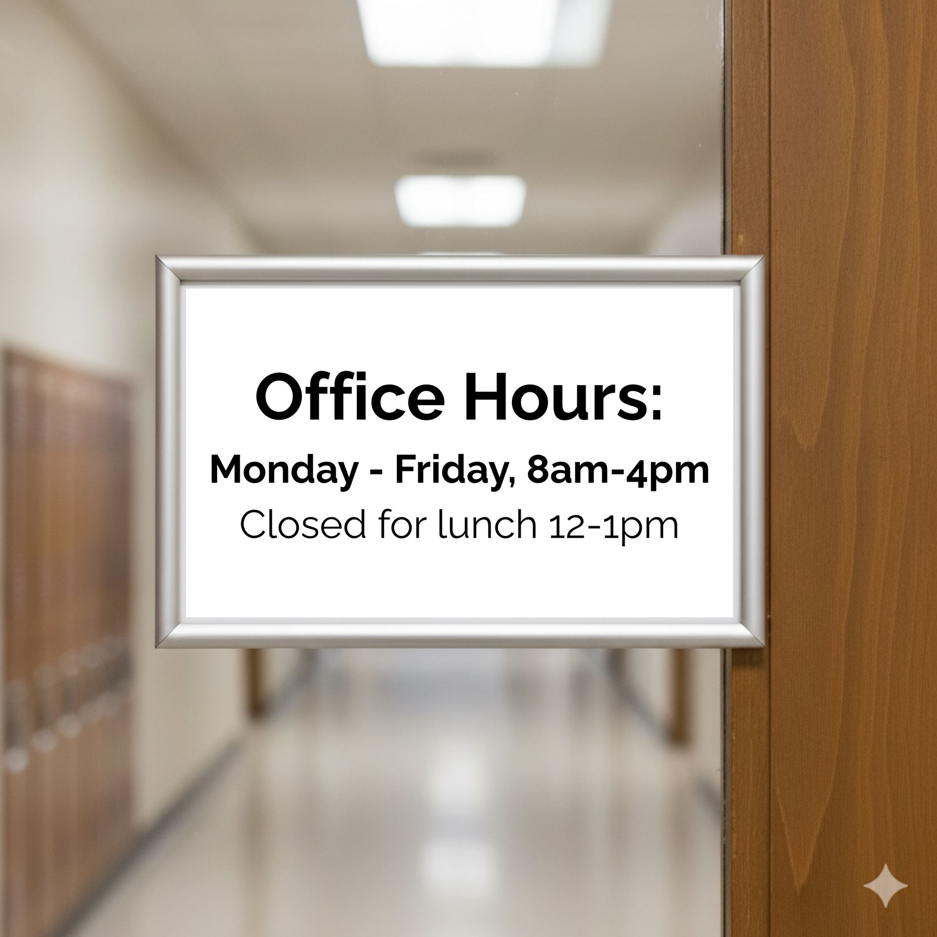 Sign with text "Office Hours: Monday-Friday, 8am-4pm, Closed for lunch 12-1pm