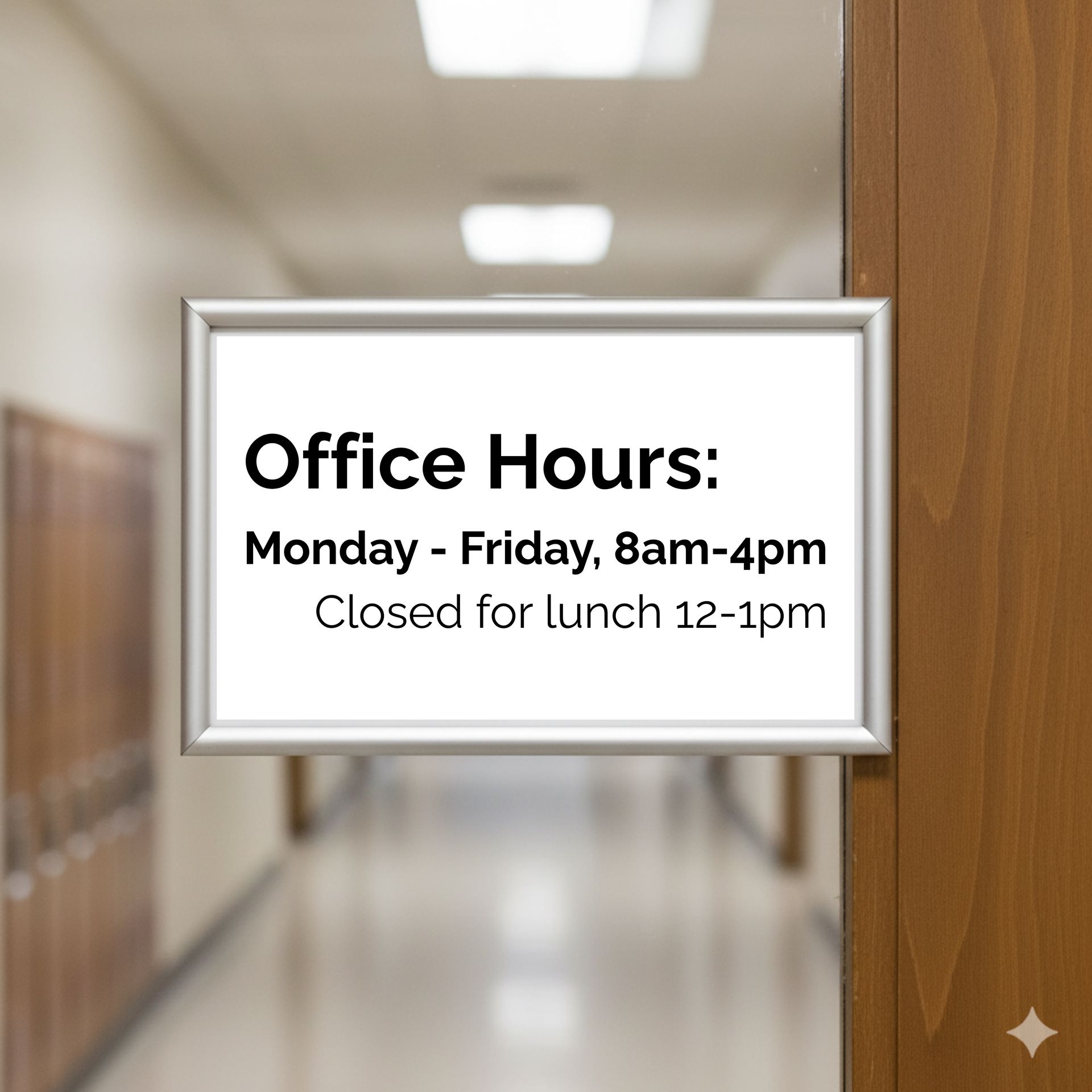 Sign with text "Office Hours: Monday-Friday, 8am-4pm, Closed for lunch 12-1pm