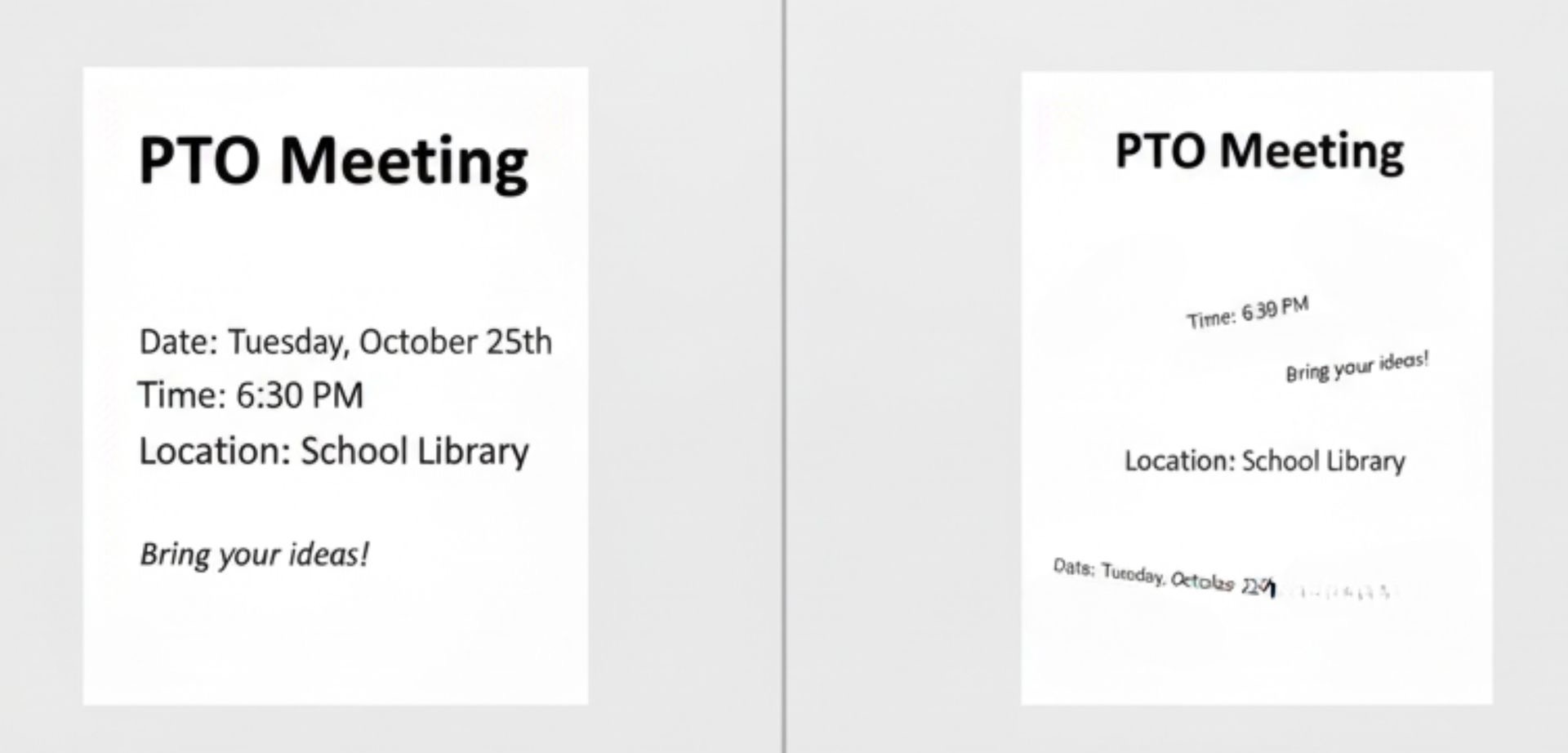 Two fliers with the same information: "PTO Meeting, Date, Time and Location"